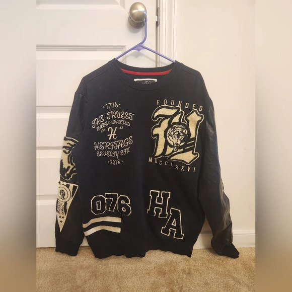 Vtg Heritage America Black Sweatshirt Varsity Leather Sleeves Size XL Mens #B20 - Picture 1 of 7